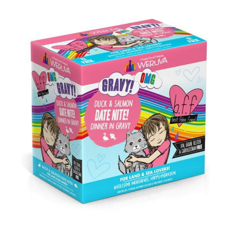 Twelve-pouch Duck and Salmon Date Nite carton box shown at an angle