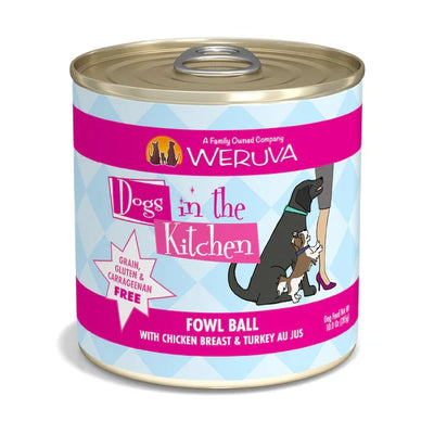 Weruva Dogs in the Kitchen Fowl Ball wet dog food can, front label view