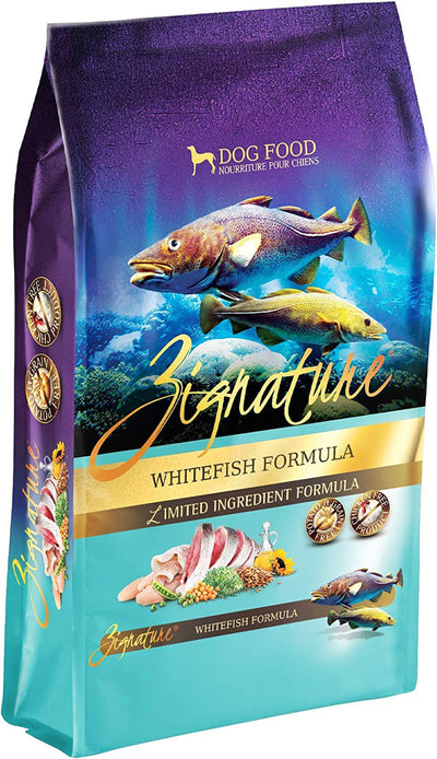 Zignature Whitefish Dog Food bag, 12.5 lb, featuring fish in an underwater scene and ingredients on a teal background.