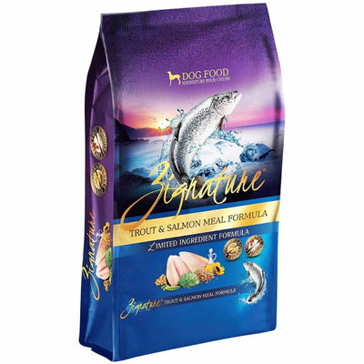 Purple bag of Zignature Trout & Salmon Meal Formula dog food with a jumping fish and ingredients.