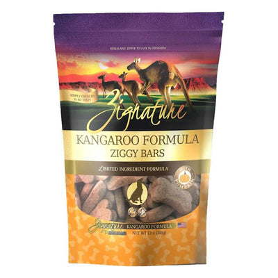 Purple and orange pouch of Zignature Kangaroo Ziggy Bars dog treats with three kangaroos on the front.
