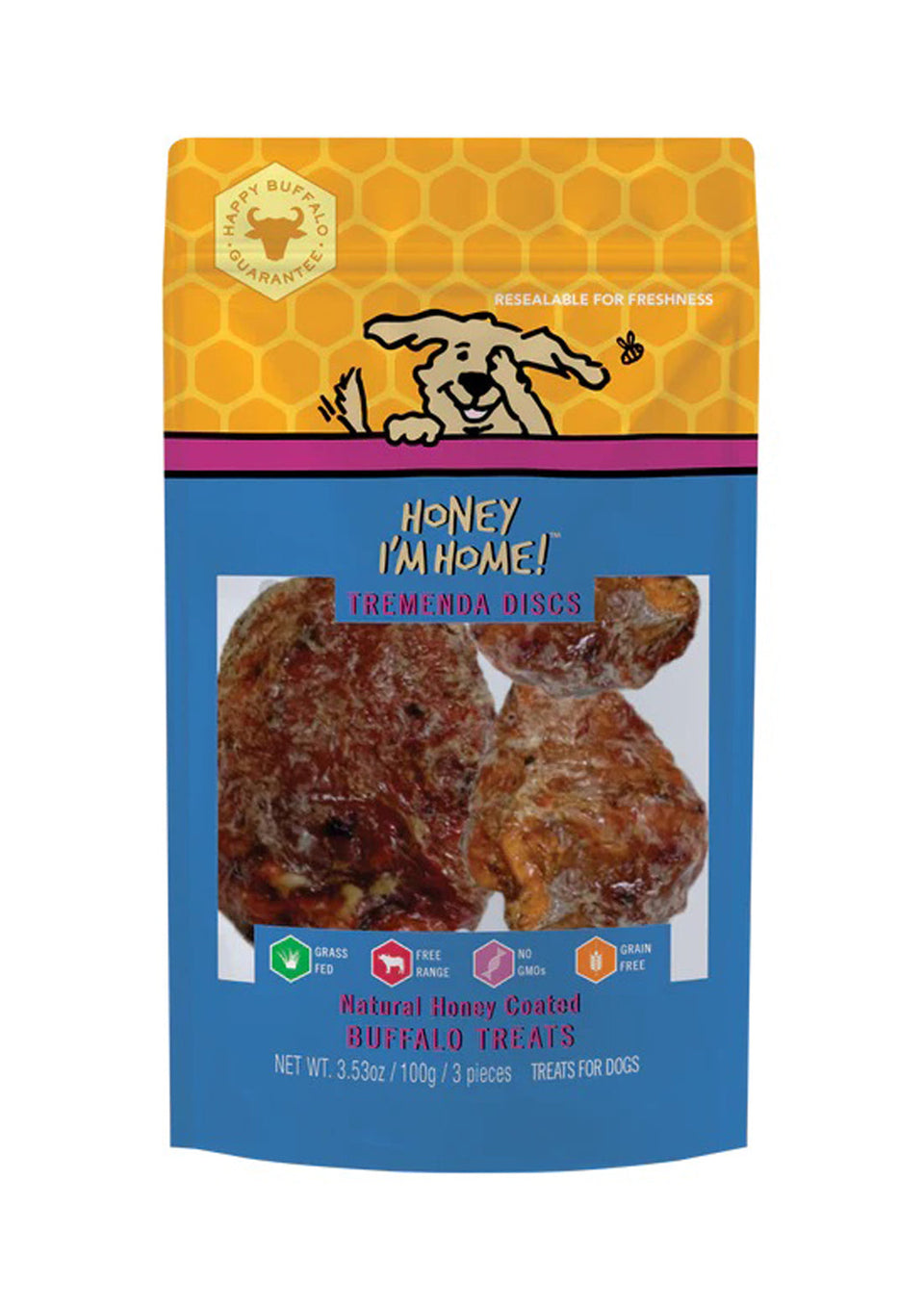 Honey I'm Home Dog Natural Honey Coated Buffalo Dog Treats Tremenda Discs 3-Count