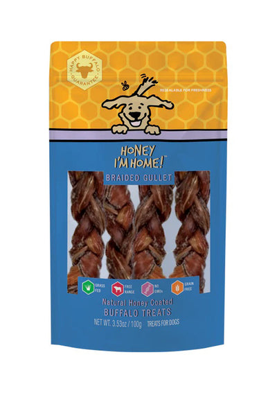 Honey I'm Home Dog Natural Honey Coated Buffalo Dog Treats Braided Gullet, 3.53 oz