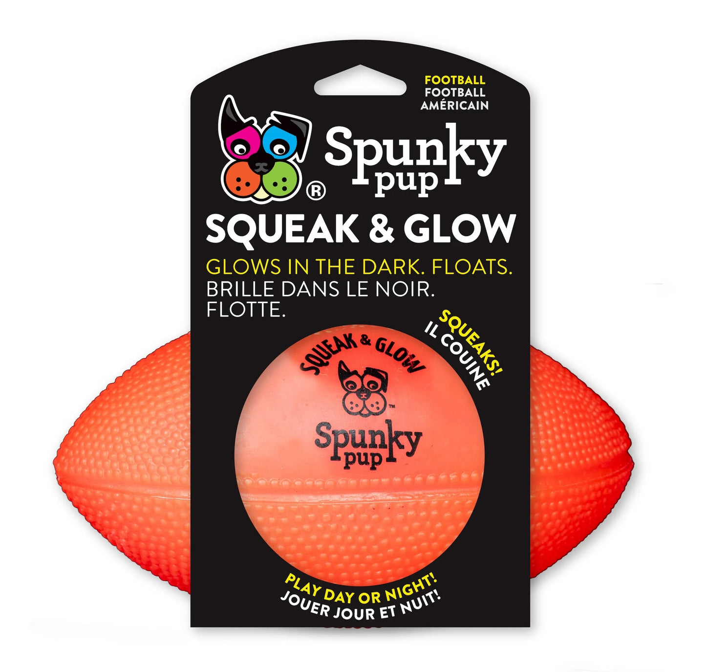 Spunky Pup Squeak & Glow Football - Glow-in-the-Dark Squeaky Fetch Toy