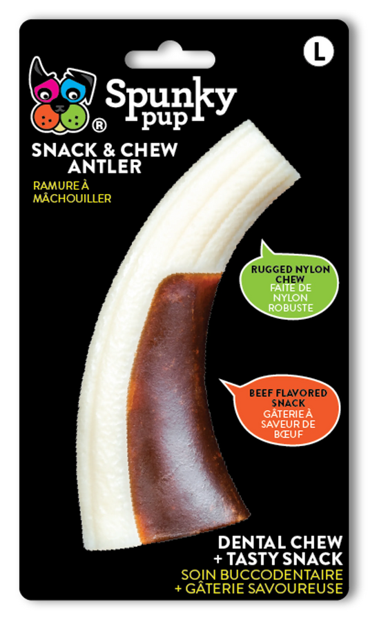 Spunky Pup Snack & Chew Antler - Durable Nylon Chew with Embedded Beef Treat