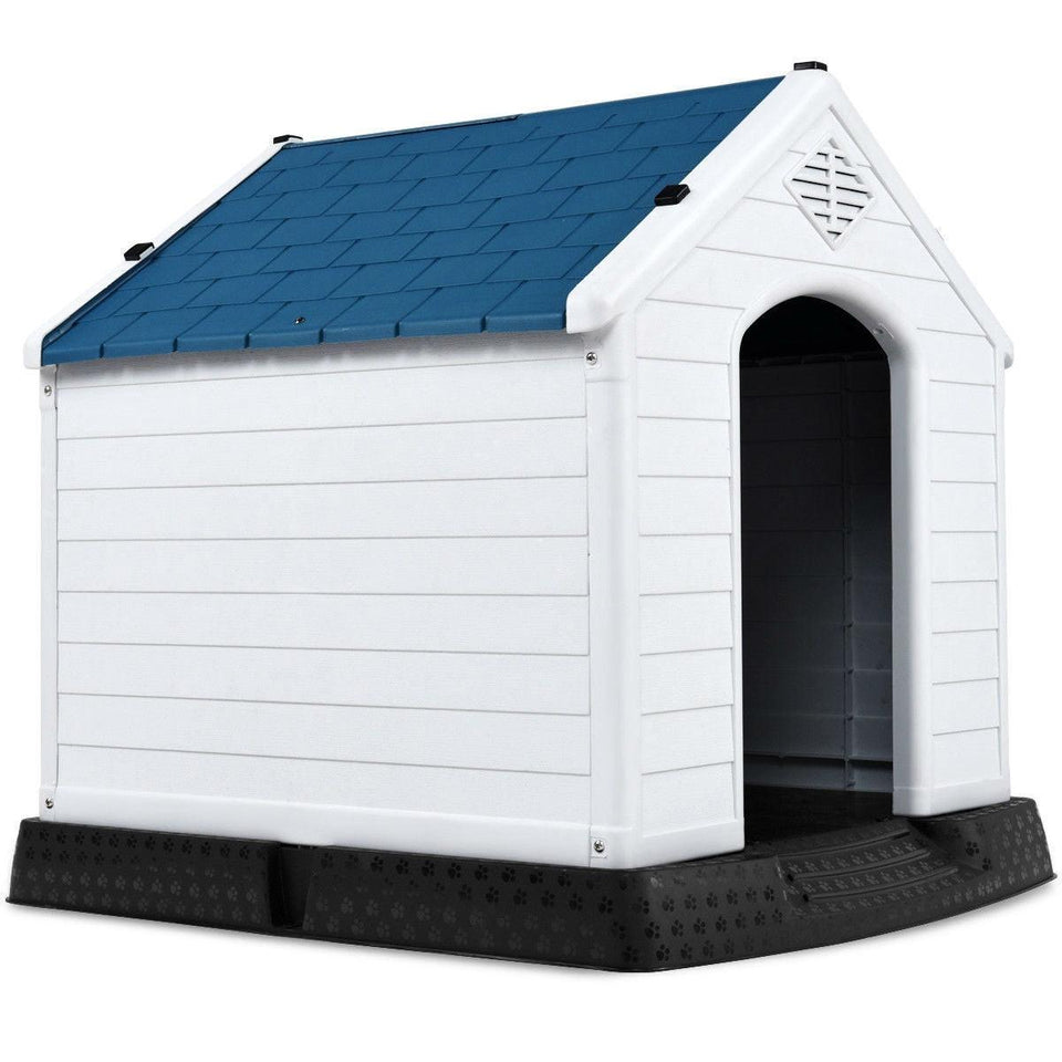 Medium size Dog House Outdoor White Blue Plastic with Elevated Floor, view 2