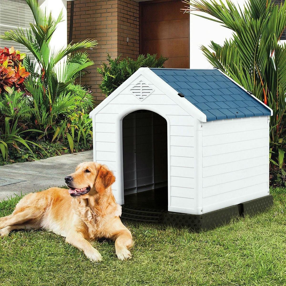 Medium size Dog House Outdoor White Blue Plastic with Elevated Floor - Pets Perfect