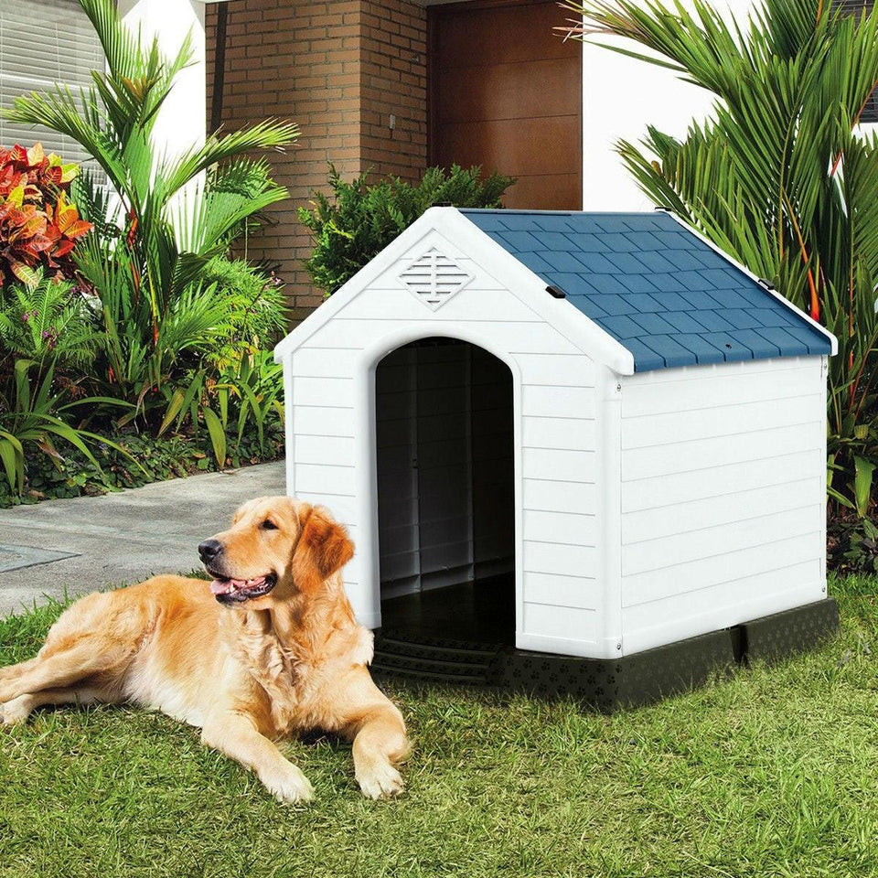 Medium size Outdoor Heavy-Duty Blue and White Plastic Dog House, view 2