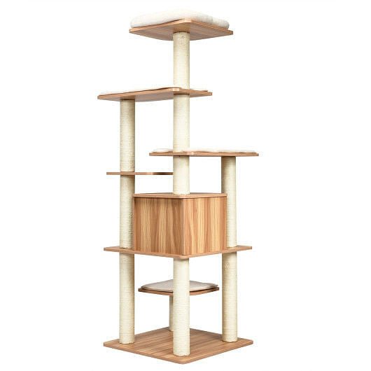 7 - Layer Wooden Cat Tree - Tall Multi - Level Tower with Sisal Posts & Hideaway Condo - Pets Perfect