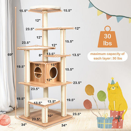 7-Layer Wooden Cat Tree - Tall Multi-Level Tower with Sisal Posts & Hideaway Condo