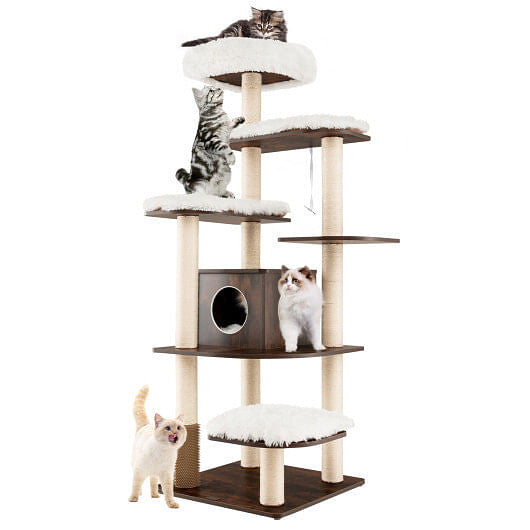 7-Layer Wooden Cat Tree - Tall Multi-Level Tower with Sisal Posts & Hideaway Condo
