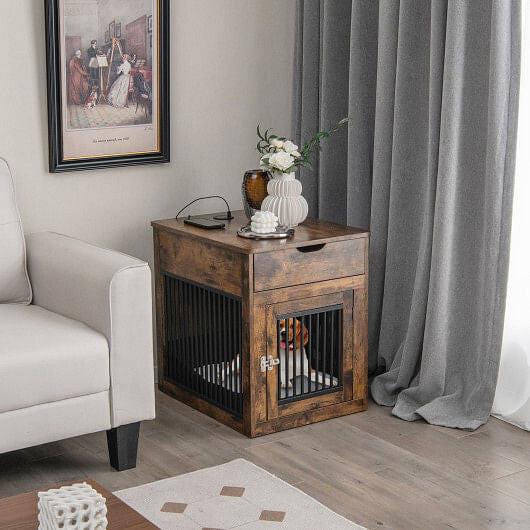 2-in-1 Dog House with Drawer and Wired Wireless Charging-Rustic Brown, view 2