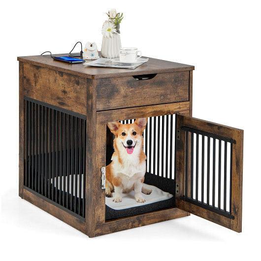 2-in-1 Dog House with Drawer and Wired Wireless Charging-Rustic Brown, Color:Rustic Brown