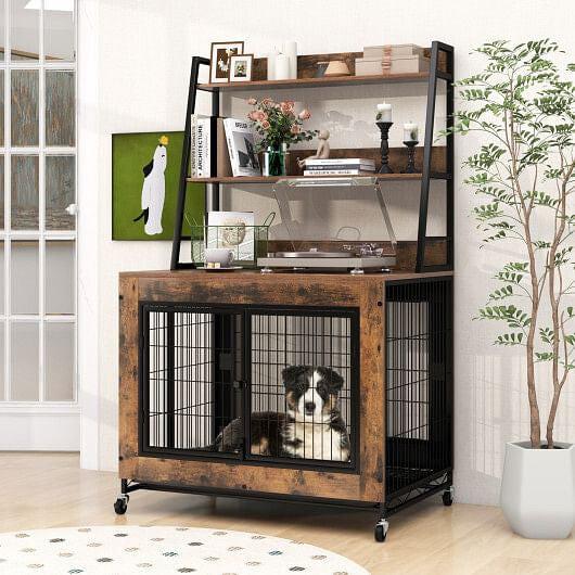 Industrial Dog Kennel Dog Crate Furniture with Storage Shelves-Rustic, Color:Rustic Brown, view 2
