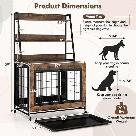 Industrial Dog Kennel Dog Crate Furniture with Storage Shelves-Rustic, view 9