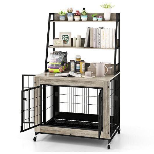 Industrial Dog Kennel Dog Crate Furniture with Storage Shelves-Rustic, view 3