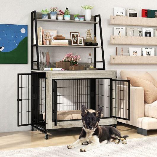 Industrial Dog Kennel Dog Crate Furniture with Storage Shelves-Rustic, view 10