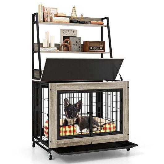 Industrial Dog Kennel Dog Crate Furniture with Storage Shelves-Rustic, Color:Gray