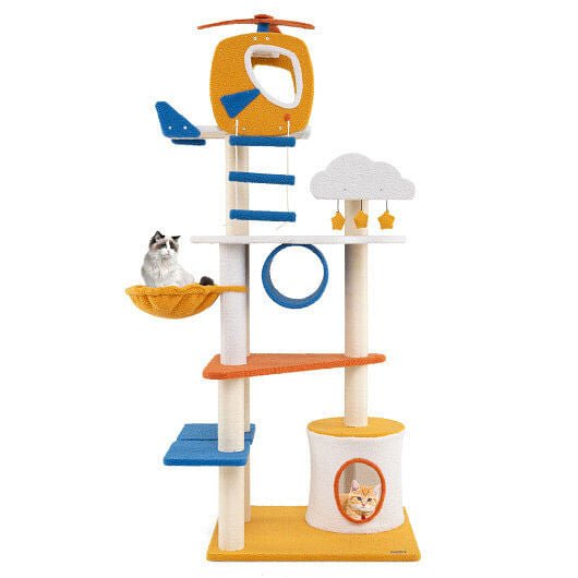 Aviation-Themed Cat Tree - 70" Tall Helicopter Tower with Multi-Level, Color:Yellow, Size:70 inches