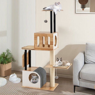 Modern Tall Cat Tower with Double Condos with Dangling Balls and Sisal, Color:Natural