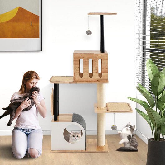 Modern Tall Cat Tower with Double Condos with Dangling Balls and Sisal, view 2