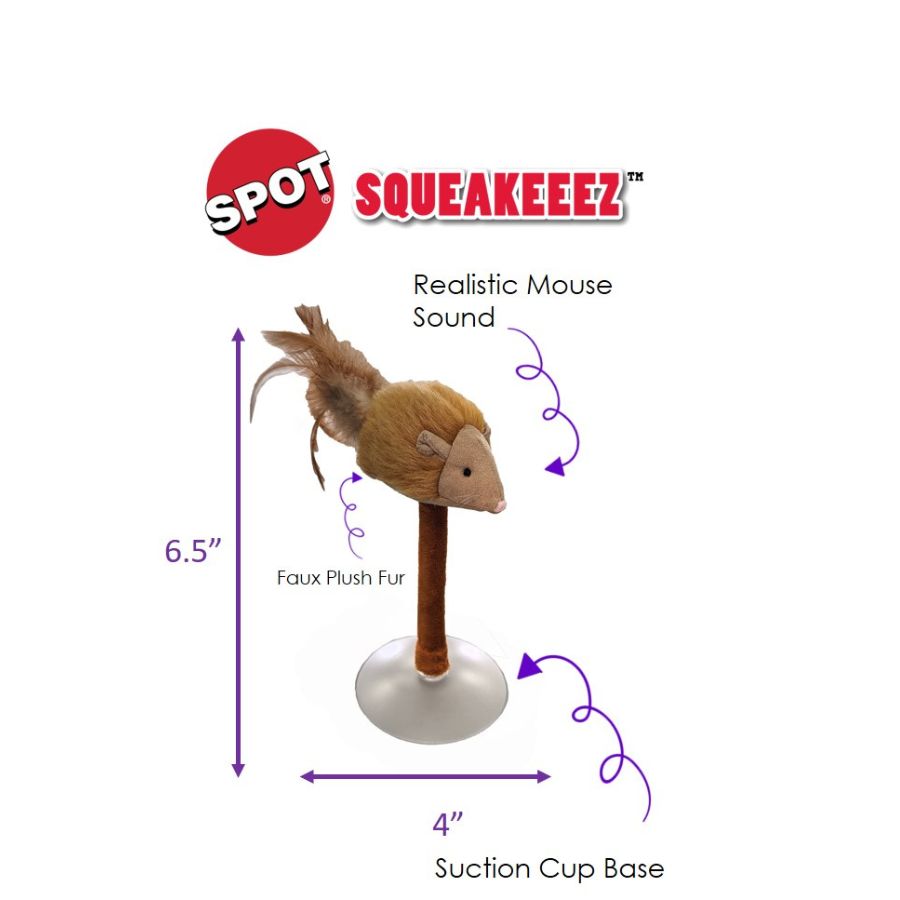 Spot Squeakeeez Mouse On Suction Cup Cat Toy Tan-Brown 7 in