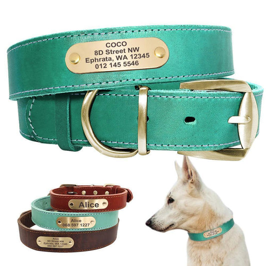 Custom Engraved Leather Dog Collar with Golden Nameplate - Personalized ID Collar for Dogs