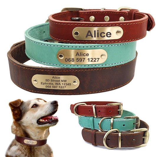 Custom Engraved Leather Dog Collar with Golden Nameplate - Personalized ID Collar for Dogs