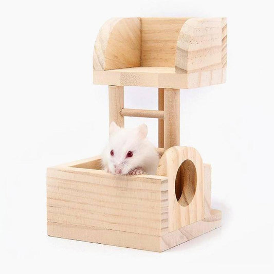 Wooden Hamster Lookout Tower - Small Pet Toy Stairs And Nest House Cage Villa Building Ladder.