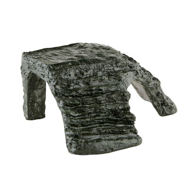 Small, dark green, textured resin basking platform with a corner ramp and an archway, shown on a white background.