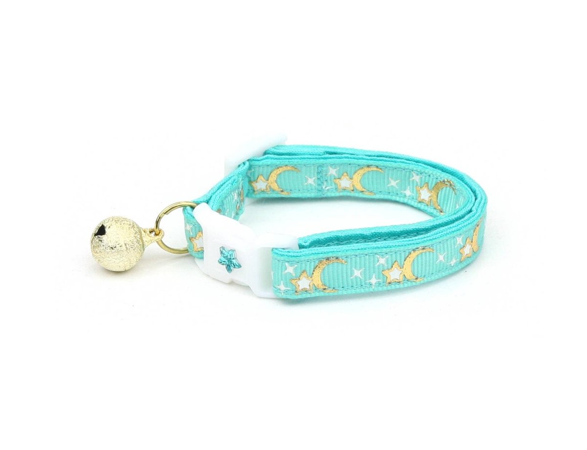 Up Country Gold Moons and Stars Aqua Cat Collar - Celestial Design with Breakaway Safety - Pets Perfect