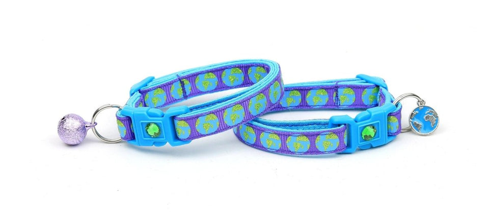 Earth on Purple Cat Collar, Large (10 lbs & up)/Both Charm and Bell, view 3