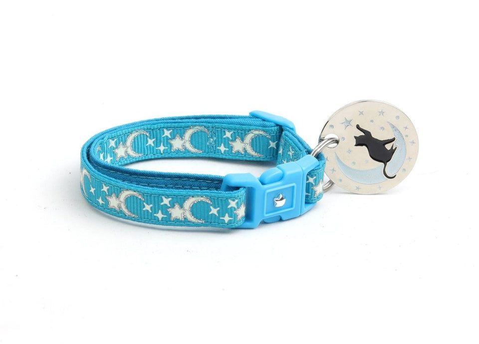 Silver Moons and Stars on Turquoise Cat Collar, view 2