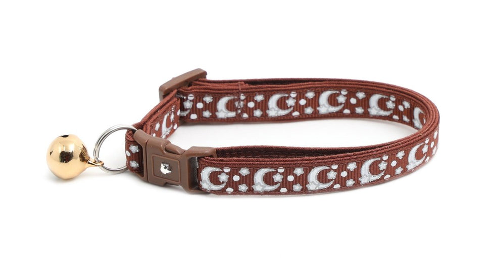 Silver Moons and Stars on Brown Cat Collar, view 2