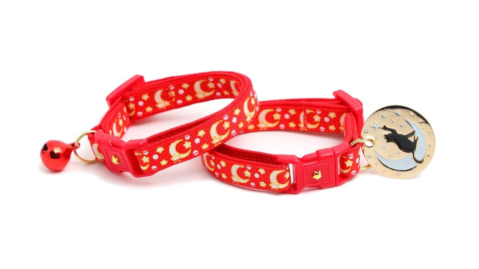Gold Moons and Stars on Bright Red Cat Collar, view 2