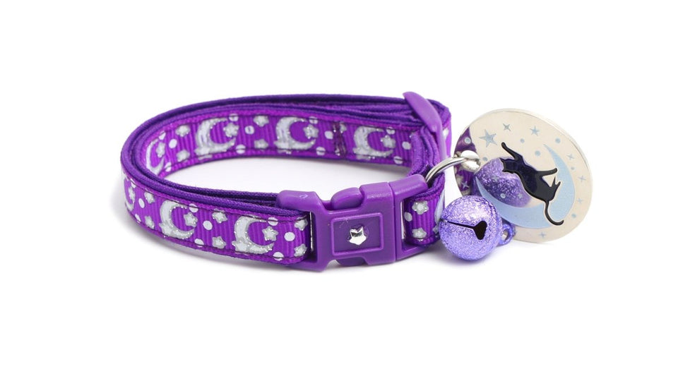 Silver Moons and Stars on Dark Purple Cat Collar, view 5