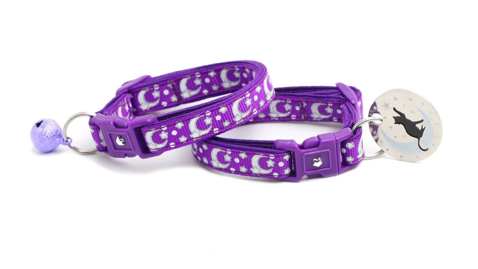 Silver Moons and Stars on Dark Purple Cat Collar, view 2