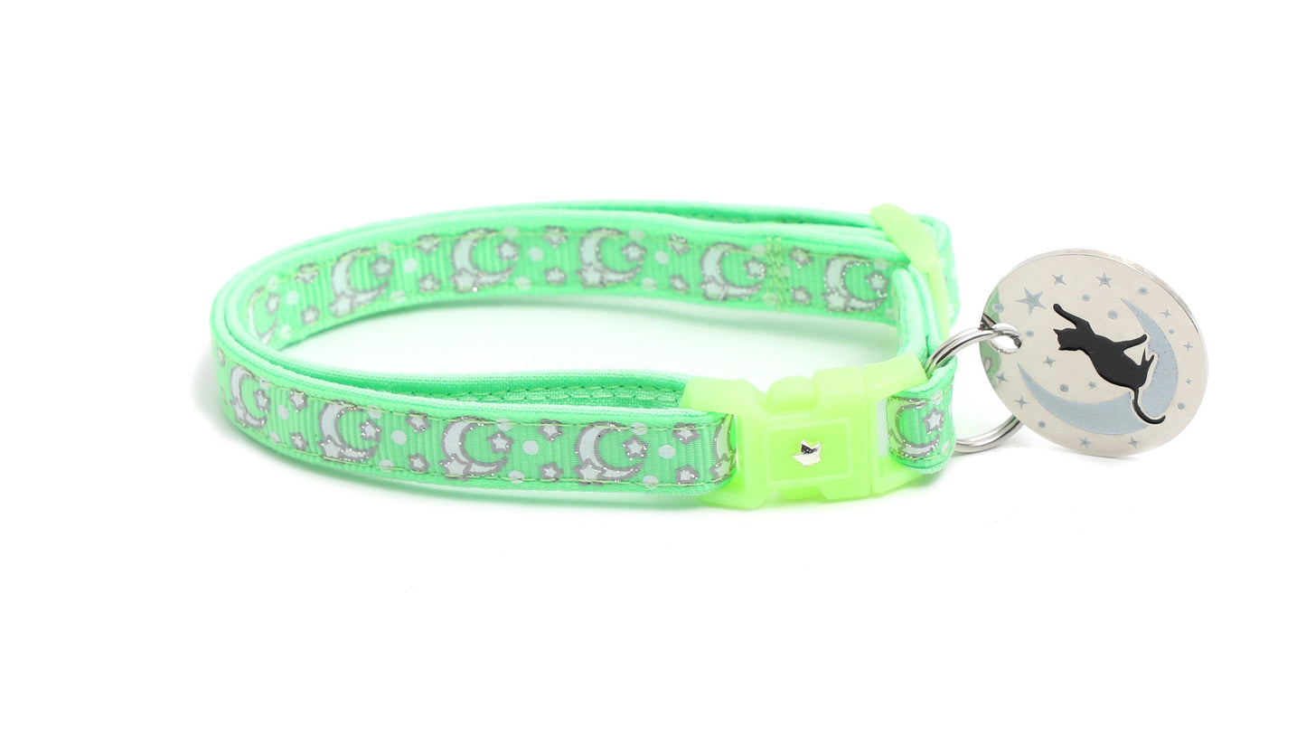 Silver Moons and Stars on Mint Green Cat Collar