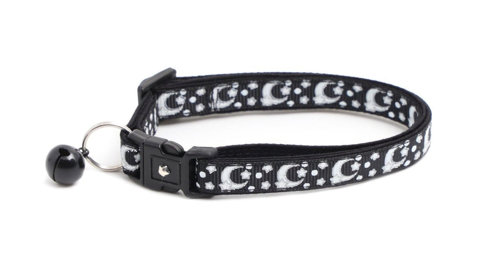 Silver Moons and Stars on Black Cat Collar, view 2