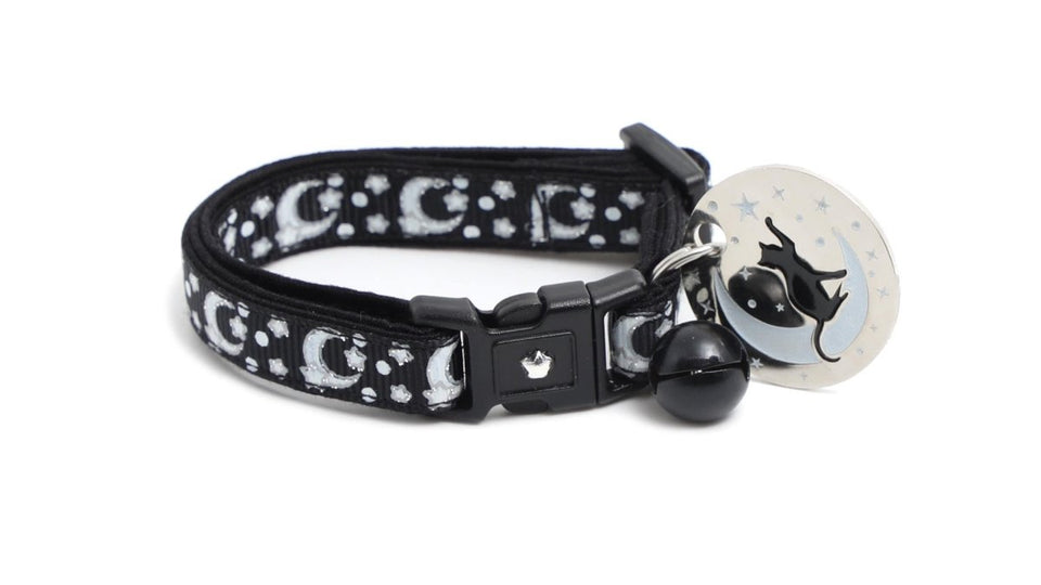 Silver Moons and Stars on Black Cat Collar, view 8