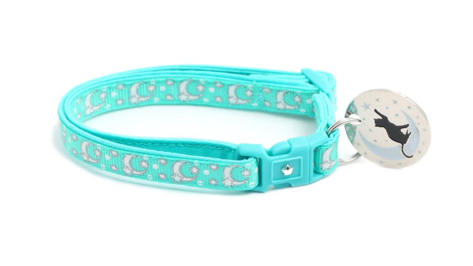 Silver Moons and Stars on Aqua Cat Collar, view 6