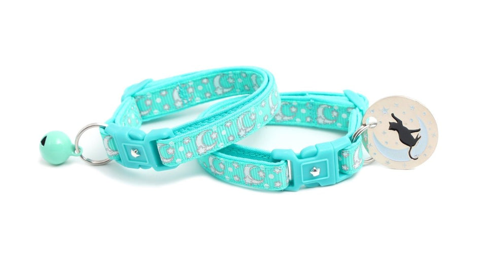 Silver Moons and Stars on Aqua Cat Collar, view 4