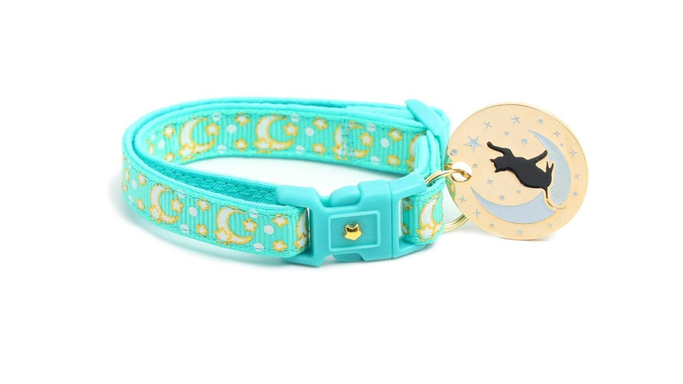 Gold Moons and Stars on Aqua V2 Cat Collar, view 6