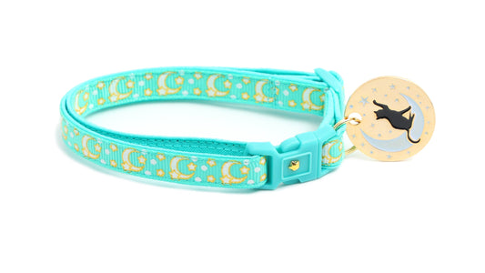 Gold Moons and Stars on Aqua V2 Cat Collar