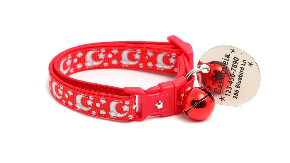 Silver Moons and Stars on Bright Red Cat Collar, view 4