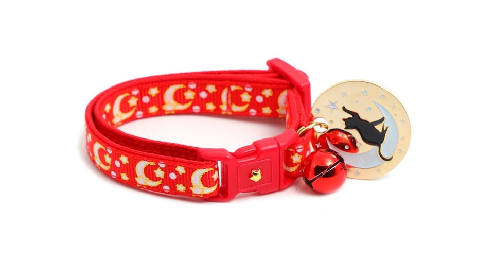 Gold Moons and Stars on Bright Red Cat Collar, view 7