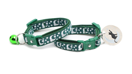 Pugs2Persians Glow-in-the-Dark Cat Collar - Silver Moons & Stars on Dark Green with Breakaway Safety Buckle