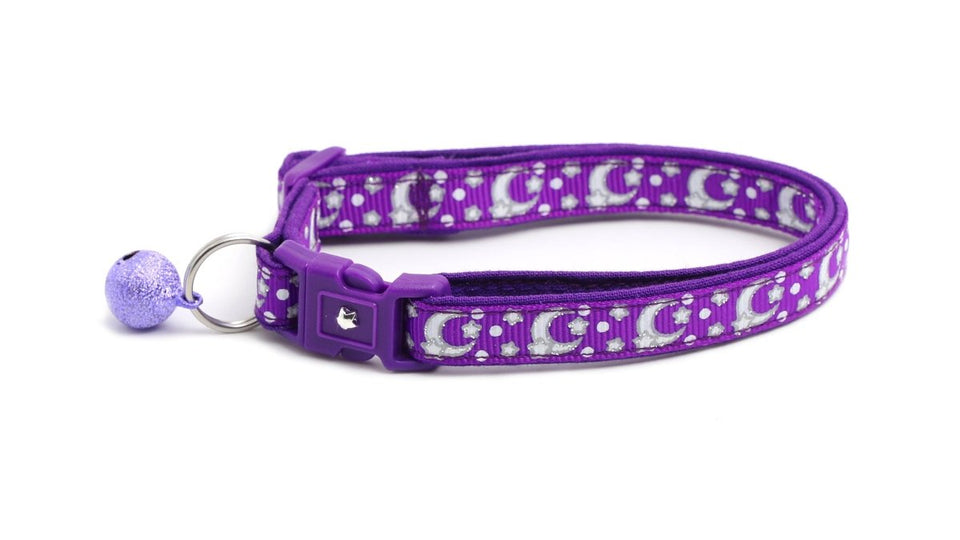 Silver Moons and Stars on Dark Purple Cat Collar, view 3