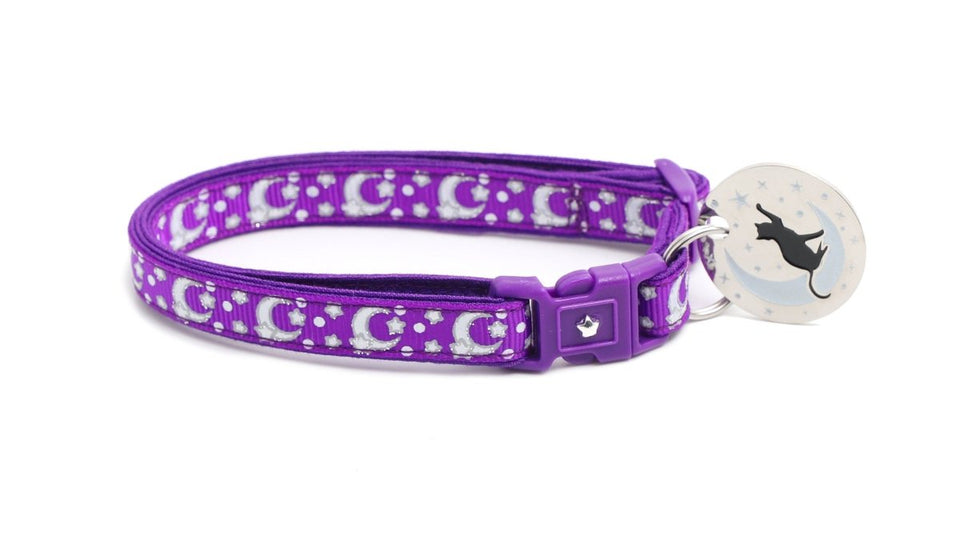 Silver Moons and Stars on Dark Purple Cat Collar, view 4