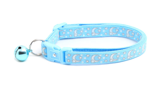 Pugs2Persians Glow-in-the-Dark Cat Collar - Silver Moons & Stars on Powder Blue Breakaway Safety Collar